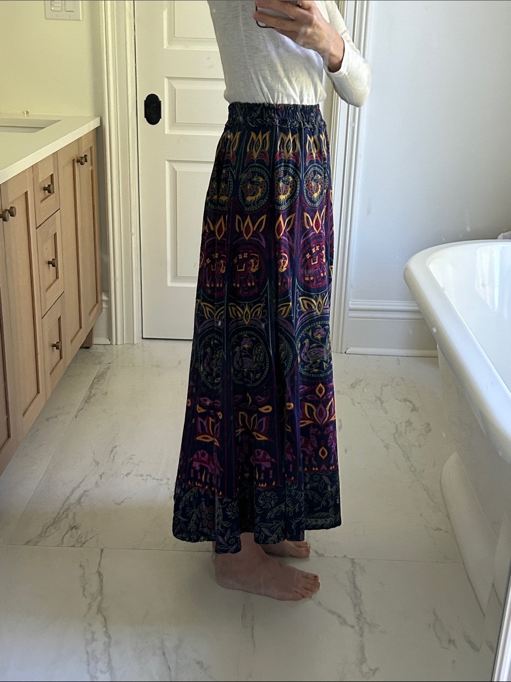 Boho Navy Maxi Skirt with Colorful Elephant Camel Peacock Medallions - Picture 9 of 11